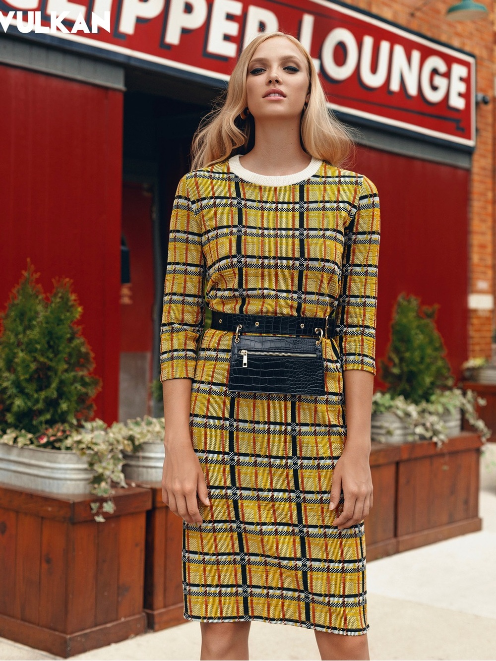 FALL Winter Plaid Shift Dress Mustard 3/4 Sleeve Knee Length S